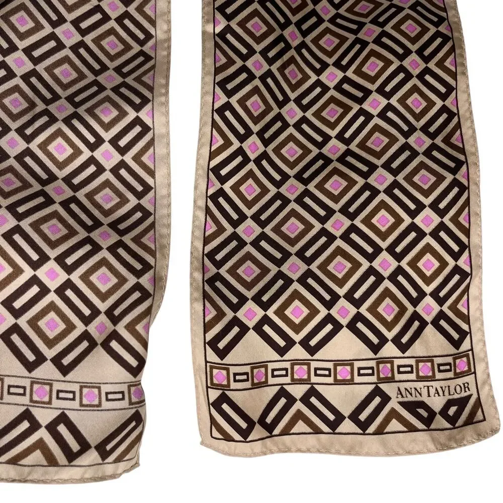 Vintage Ann Taylor Silk Scarf Geometric Brown Beige Pink New